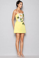 Rex Yellow Applique Floral Bustier Mini Dress
