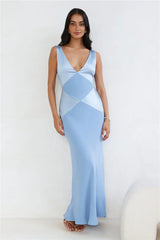 Subtle Splendor Satin Maxi Dress Light Blue