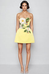 Rex Yellow Applique Floral Bustier Mini Dress