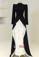 High Neck Beaded Black White Ruffled Sheath Evening Dress