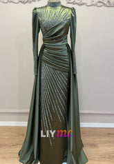 High Neck Long Sleeves Beaded Embroidery Sheath Evening Dress