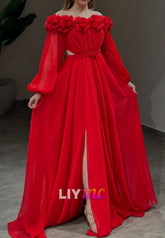 Off-Shoulder Long Sleeves 3D Floral A-Line Evening Dress