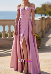Off-Shoulder Pleated Sheath Satin Mother of Bride Dress