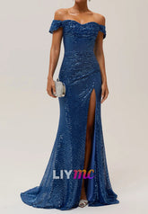 Off-Shoulder Sequins Side Slit Sheath Evening Dress