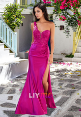 One Shoulder Sleeveless Appliques Pleated Sheath Prom Dress