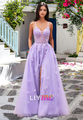 V-Neck Spaghetti Straps Appliques Sequins A-Line Prom Dress