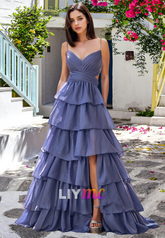 V-Neck Spaghetti Straps Pleated Tiered A-Line Prom Dress