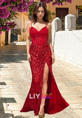 V-Neck Spaghetti Straps Sequins Pleated Beaded Sheath Prom Dress