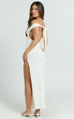 Anziel Maxi Dress - Underwire Off Shoulder Backless Column Jersey Tie Back in Off White