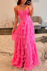 Sweetheart Sleeveless Pleated Tiered A-Line Prom Dress