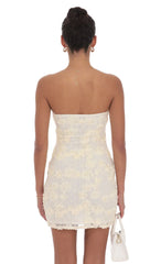 Textured Floral Strapless Dress in Cream