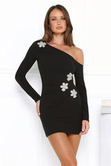 Noir Bloom Off Shoulder Long Sleeve Mini Dress Black