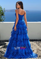 Sweetheart Spaghetti Straps Appliques Tiered Sparkly A-Line Prom Dress