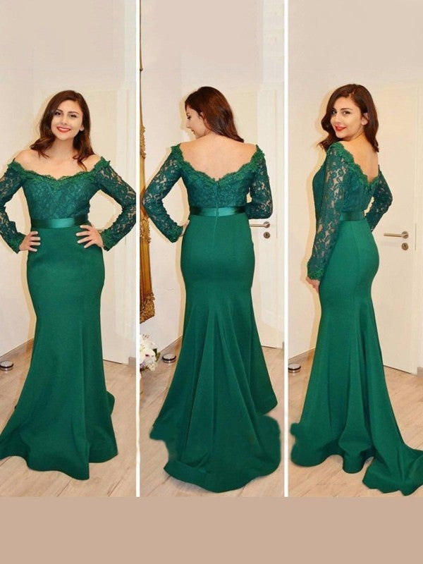 Trumpet/Mermaid Off-the-Shoulder Long Sleeves Applique Sweep/Brush Train Satin Dresses